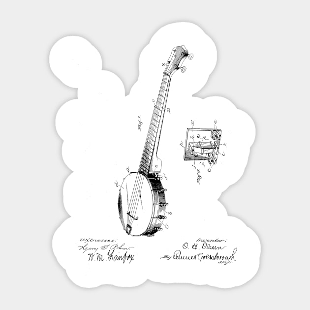 Banjo Vintage Patent Hand Drawing Sticker by TheYoungDesigns